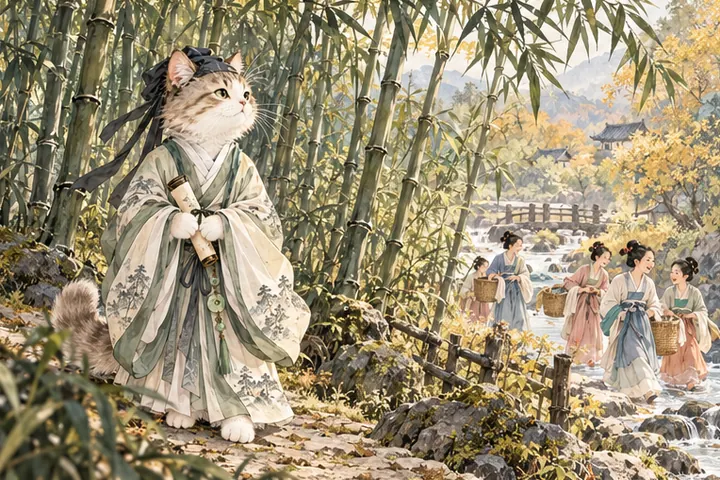 竹林传来浣衣女子归来的笑语，王维猫在小径旁倾听