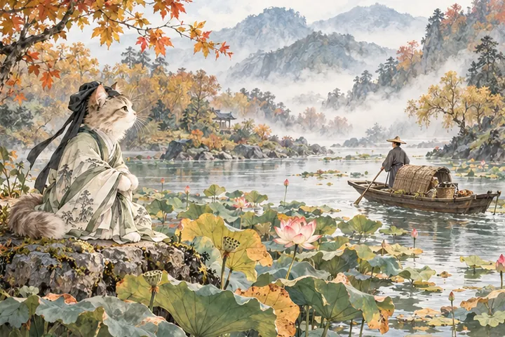 莲叶轻摇，一叶渔舟顺溪而下，王维猫在岸边观看
