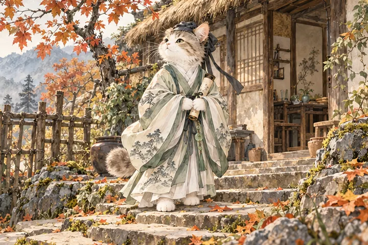 王维猫在山居门前停步，决定留在宁静山林