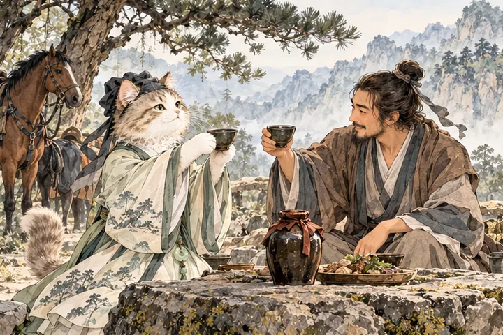 王维猫与友人在山路旁下马饮酒