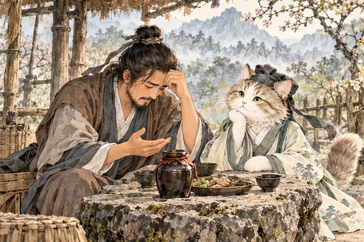 友人在酒席边诉说失意，王维猫安静倾听