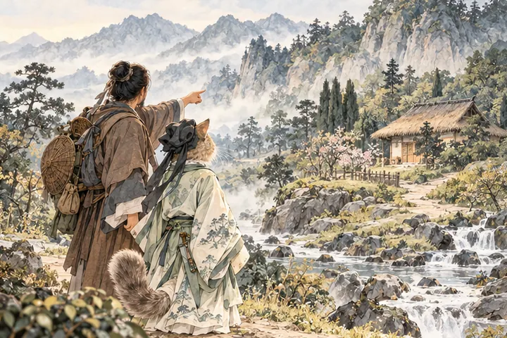 友人指向南山脚下的隐居草庐，王维猫望向山麓