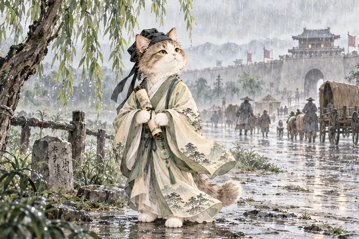 渭城早晨细雨润湿道路，王维猫站在驿路边