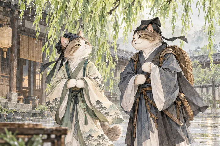 客舍外雨后的柳树鲜绿，王维猫与旅伴在柳荫下