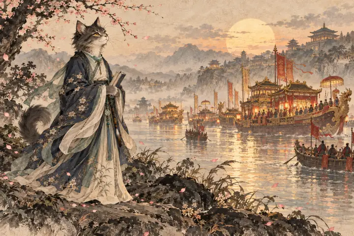 李商隐猫立在河岸，远望隋代帝王庞大的南游船队