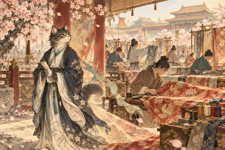 各地工匠在春风中裁剪华丽宫锦，李商隐猫看见劳作景象