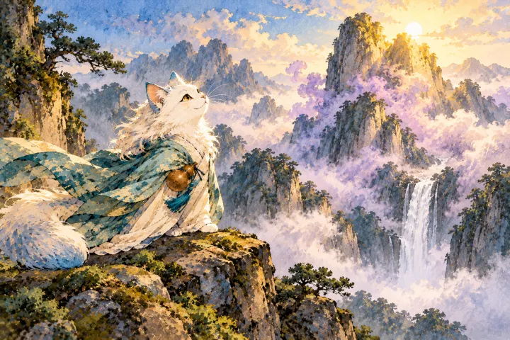 白猫李白站在山间，望着晨光中升起紫烟的香炉峰