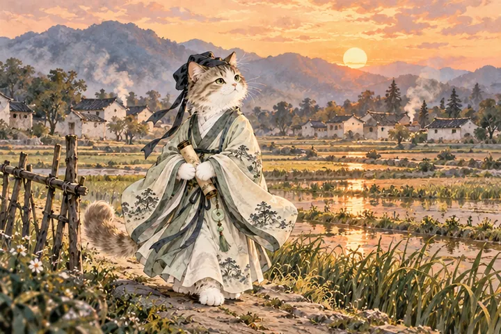 夕阳照着渭川村落，王维猫沿田埂漫步