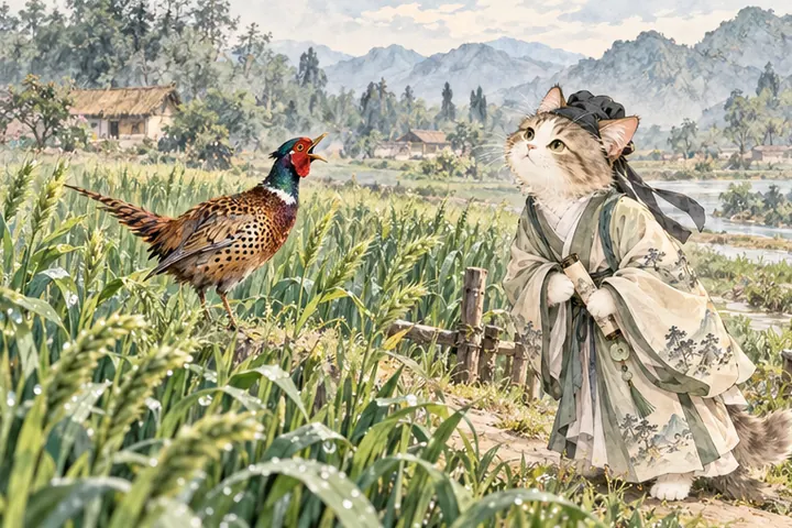 雉鸡在青绿麦苗间啼叫，王维猫在田边侧耳