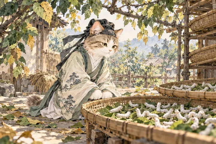 桑枝叶渐稀，熟蚕安静伏在蚕箔，王维猫轻看