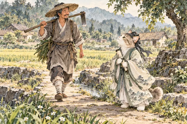 农人扛锄从田间归来，王维猫让出小路
