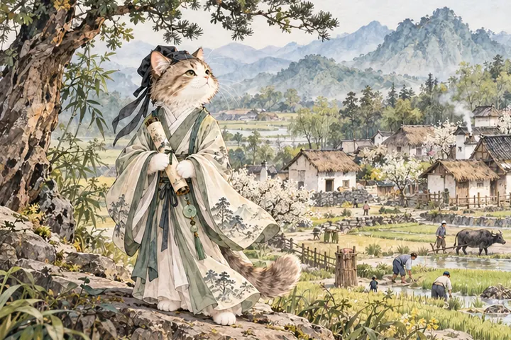 王维猫望着安宁的村庄生活，心生羡慕