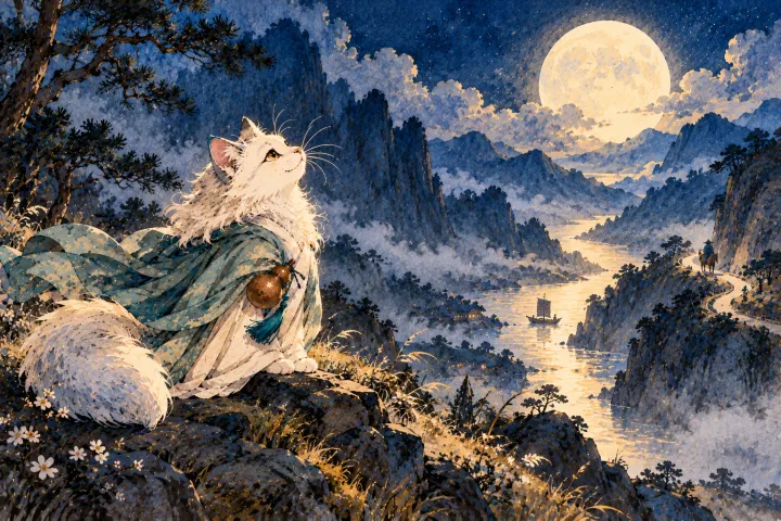 白猫李白望着月光伴随友人越过远山前往夜郎