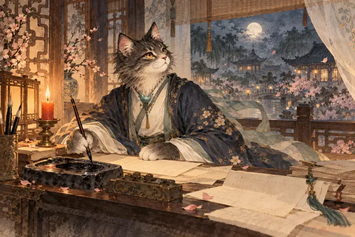 李商隐猫梦醒后匆匆执笔写信，砚中墨色还未磨浓