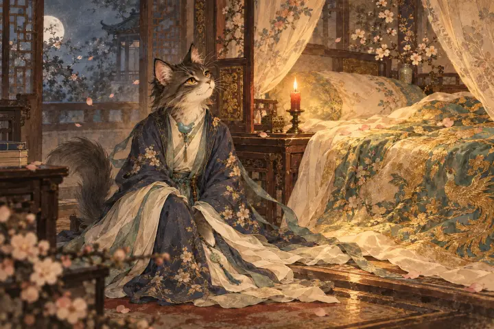半截烛光照着金翡翠纹饰的华美被褥，李商隐猫守在床边