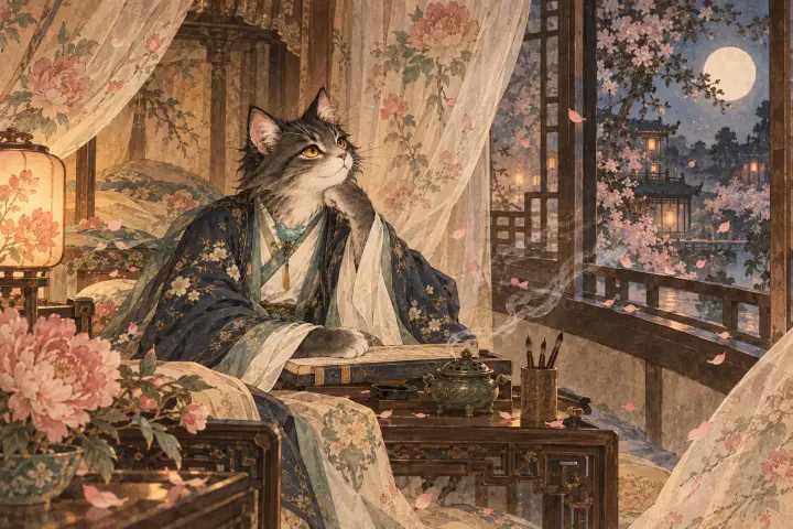 绣芙蓉帷帐间香气轻飘，李商隐猫在昏暗室内望向窗外