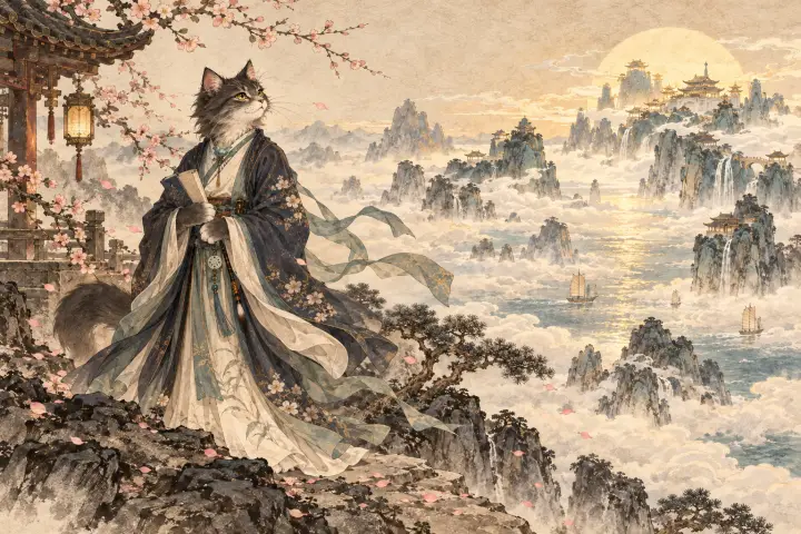 李商隐猫站在山海前，遥望传说中的蓬山，思念远人