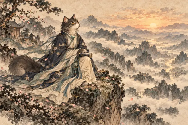 万重山峦层层隔开远方，李商隐猫在山巅遥望无尽归路