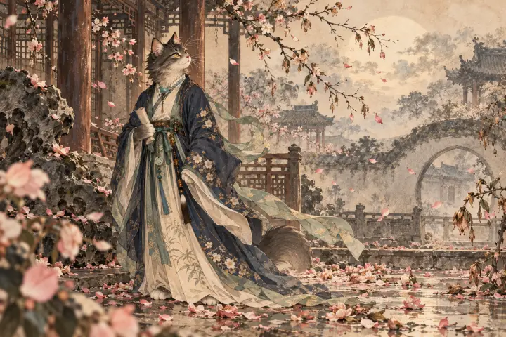 无力东风吹过凋零的百花，李商隐猫独立残花庭院