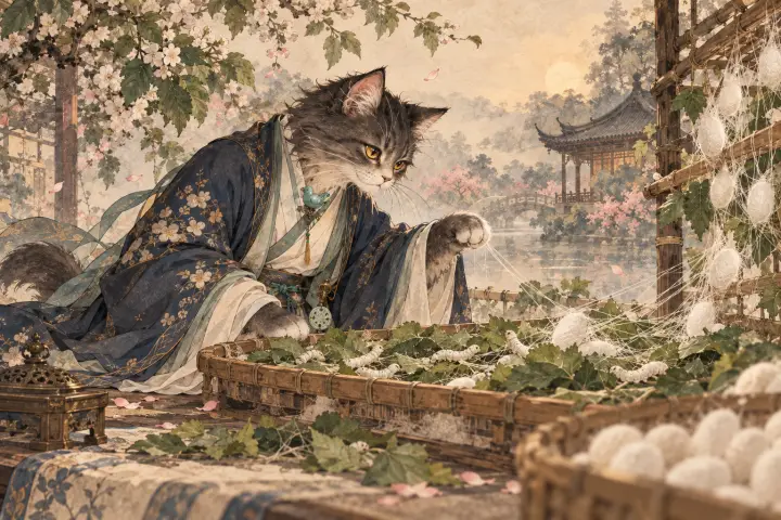 春蚕在桑叶间吐丝结茧，李商隐猫俯身观察连绵的丝线