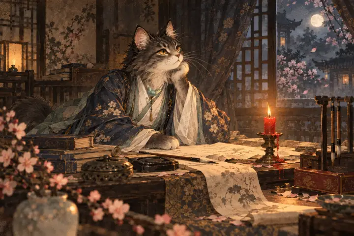 案头红烛燃至将尽，烛泪凝结，李商隐猫在暗室里守候
