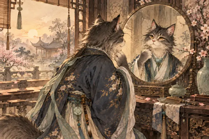 清晨铜镜前，李商隐猫望着镜中微乱的毛发，担忧岁月改变