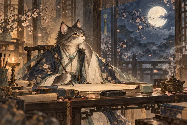 深夜冷月照进书房，李商隐猫伏案吟诗，感到月光清寒