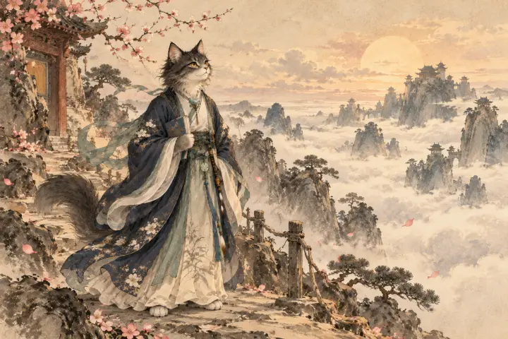 云海远处的蓬山似近还远，李商隐猫在山路尽头遥望