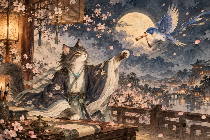 一只青鸟飞过夜空传递音讯，李商隐猫伸爪迎接它