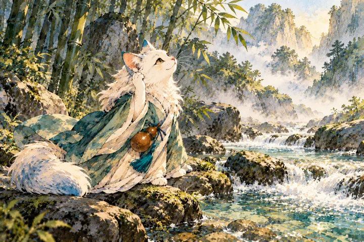 白猫李白立于颍川溪畔，望着流水思索隐士的抉择
