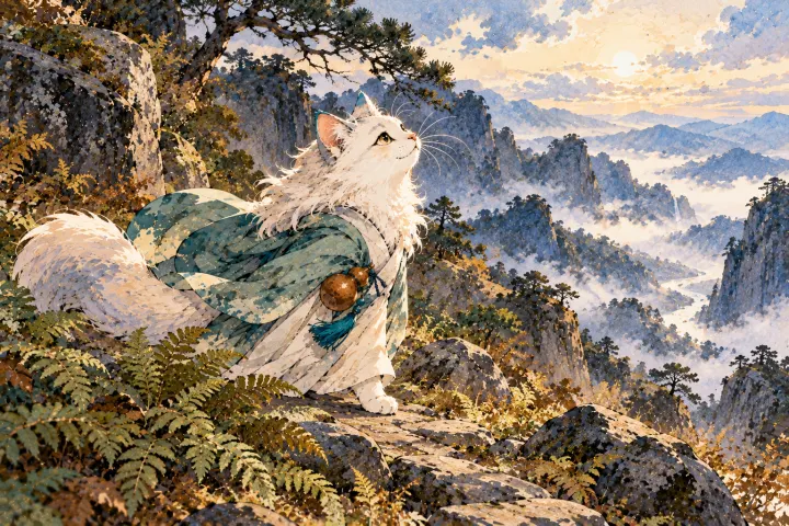 白猫李白走过首阳山野蕨，思索清高与生存