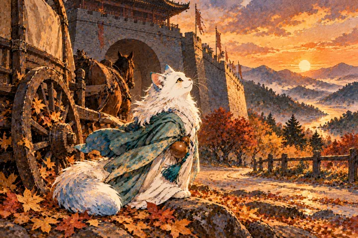 白猫李白望着未及归隐的车马，感叹李斯退身太迟