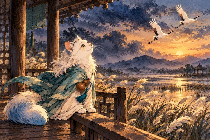 白猫李白在暮色中遥望华亭白鹤，感叹再难听见鹤唳