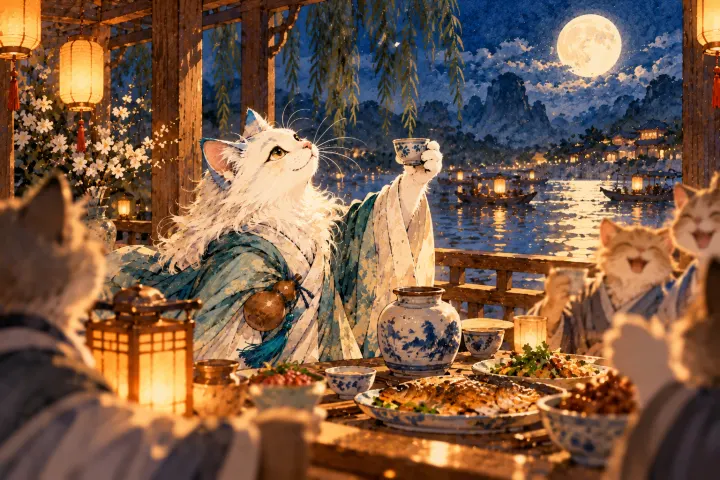 白猫李白举起酒杯，在灯下珍惜眼前的相聚