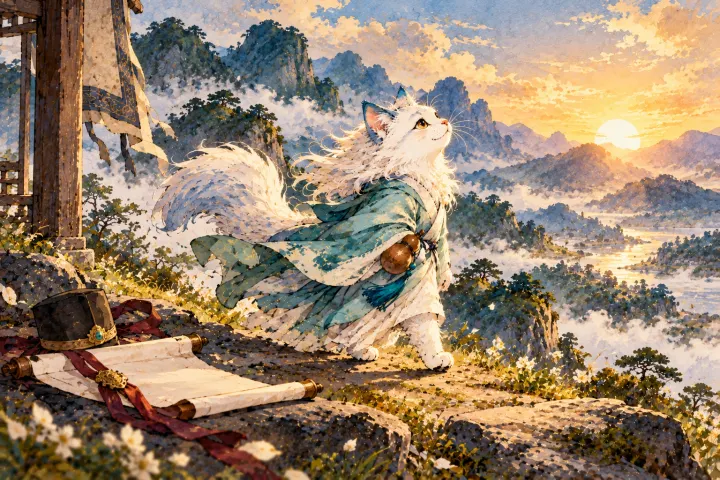 白猫李白放下名利卷轴，迎着晨光自在前行