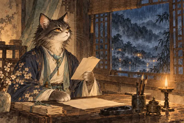 李商隐猫在巴山客舍读到远方来信，面对归期之问沉思，案上回信仍是一张白纸
