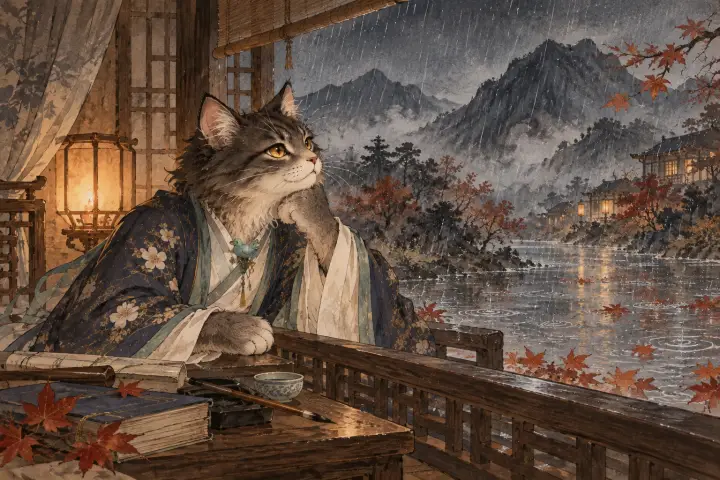 巴山夜雨落进涨满的秋池，李商隐猫从客舍窗内凝望雨水与远山