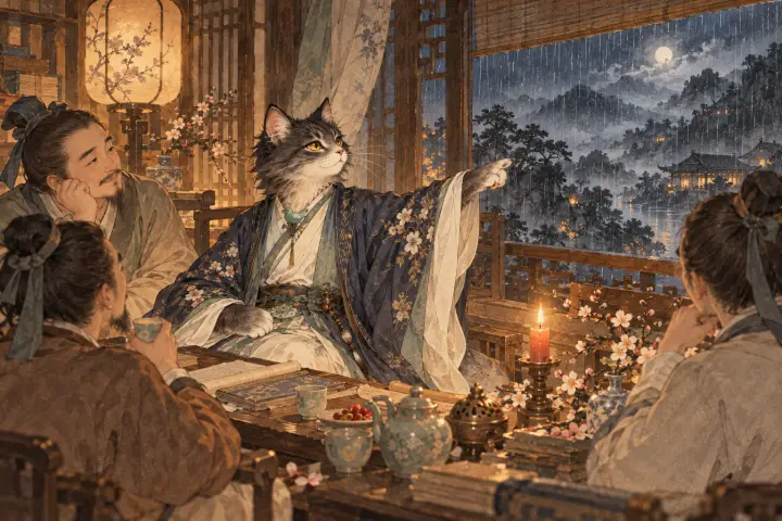 重逢后的暖夜，李商隐猫指着窗外雨景，向亲友回忆昔日巴山夜雨