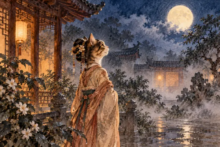 妻子在夜雾中望月，发髻被潮气沾湿