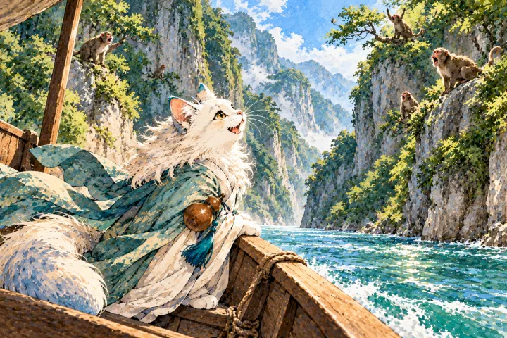 白猫李白在船上倾听三峡两岸树梢传来的猿声