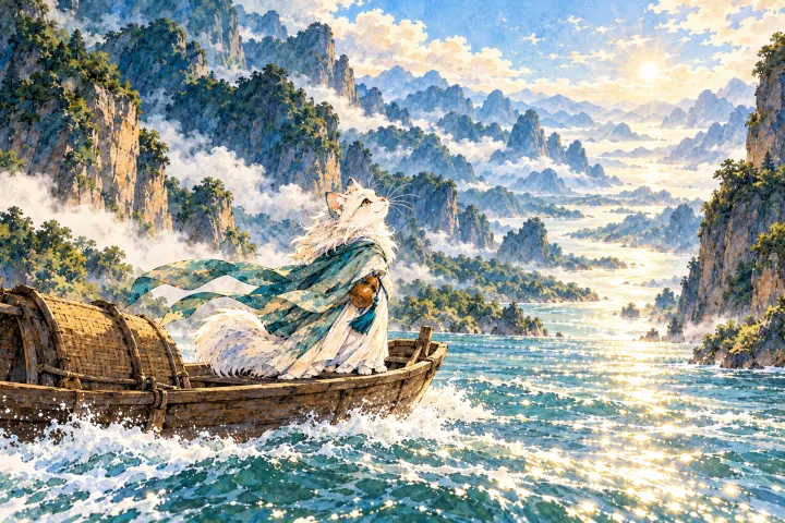 白猫李白乘轻舟驶向开阔江面，身后是层层远去的群山