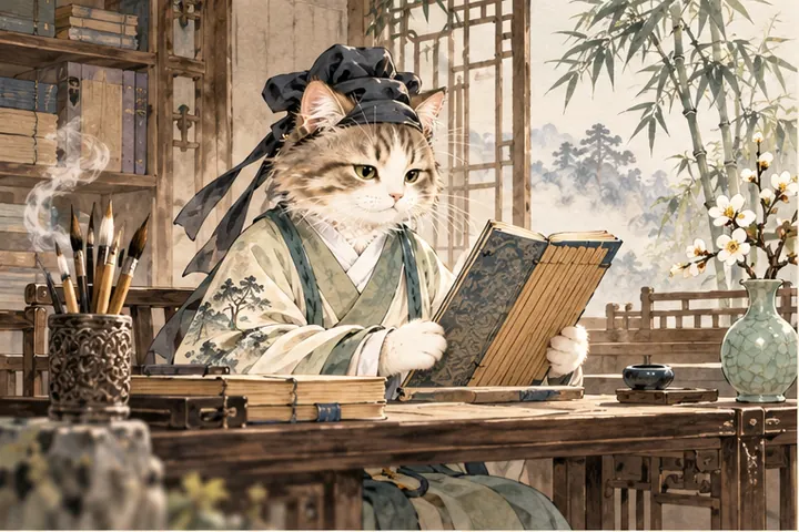 中年的王维猫在静室读道家书卷