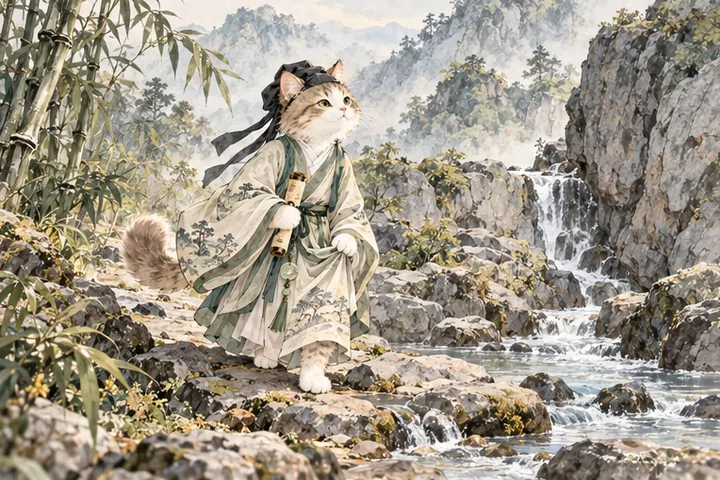 王维猫沿溪而行直到水流尽头