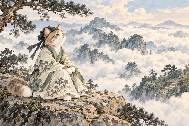 王维猫坐在山石上观看白云升起