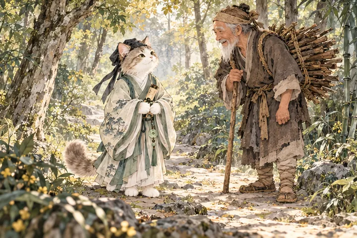 王维猫在林间小径偶遇一位采樵老人