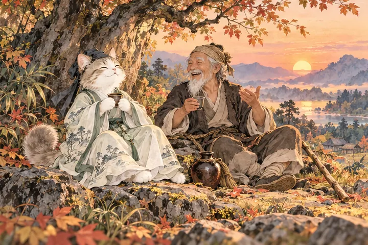 王维猫与老人坐在树下谈笑，夕阳渐落仍未归家