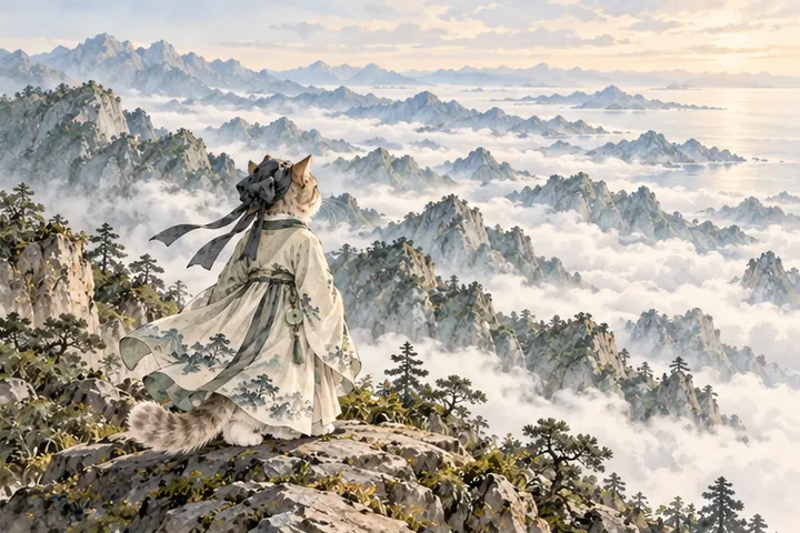 连绵终南山脉延向天际，王维猫在山脊远望