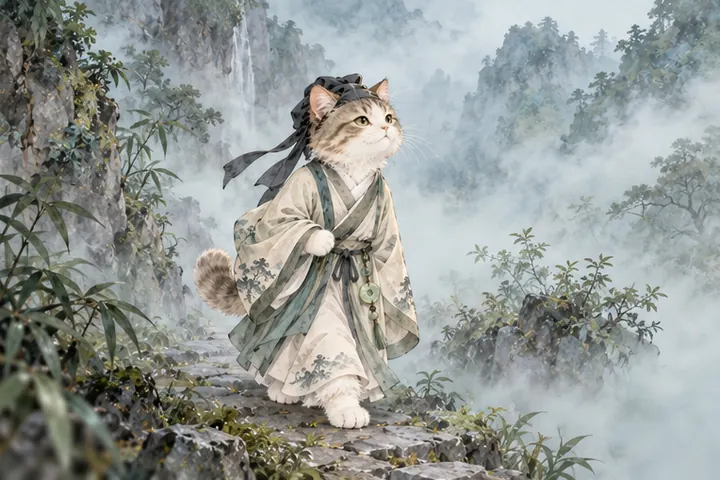 王维猫步入青色山岚，近处雾气似有若无
