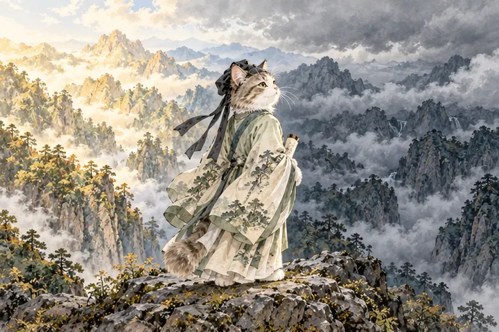 群山沟壑一边阳光一边云影，王维猫立在高处