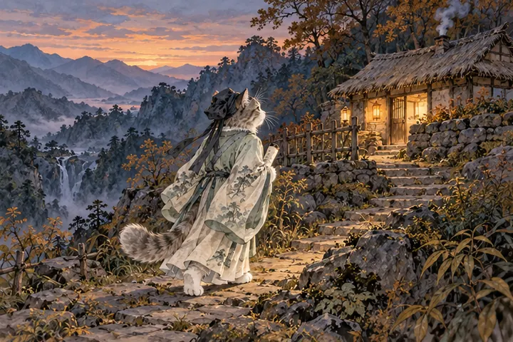天色将晚，王维猫寻找山中可以借宿的人家